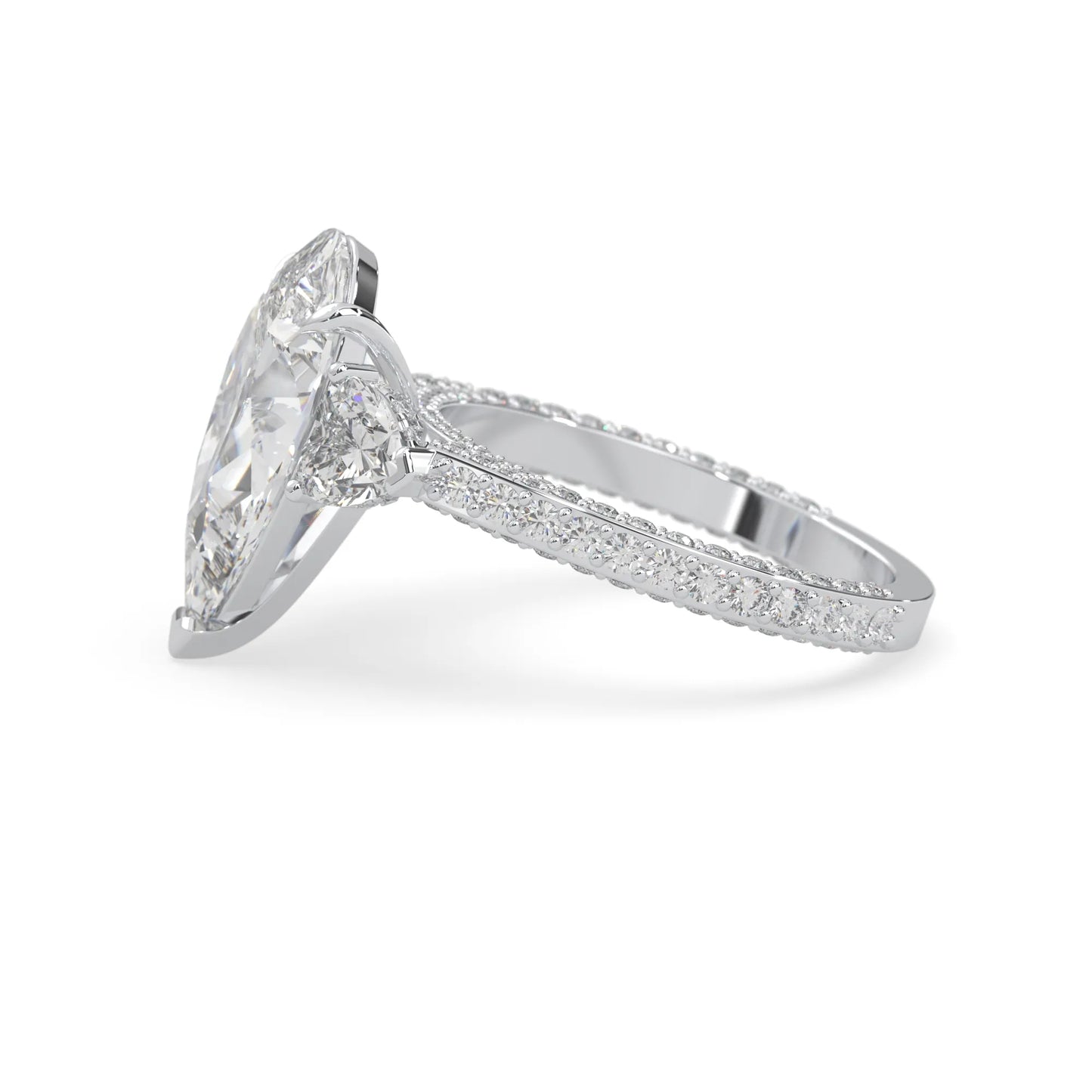 Pear three stone pave lab grown diamond cocktail ring with 6.50 carat center diamond in white gold