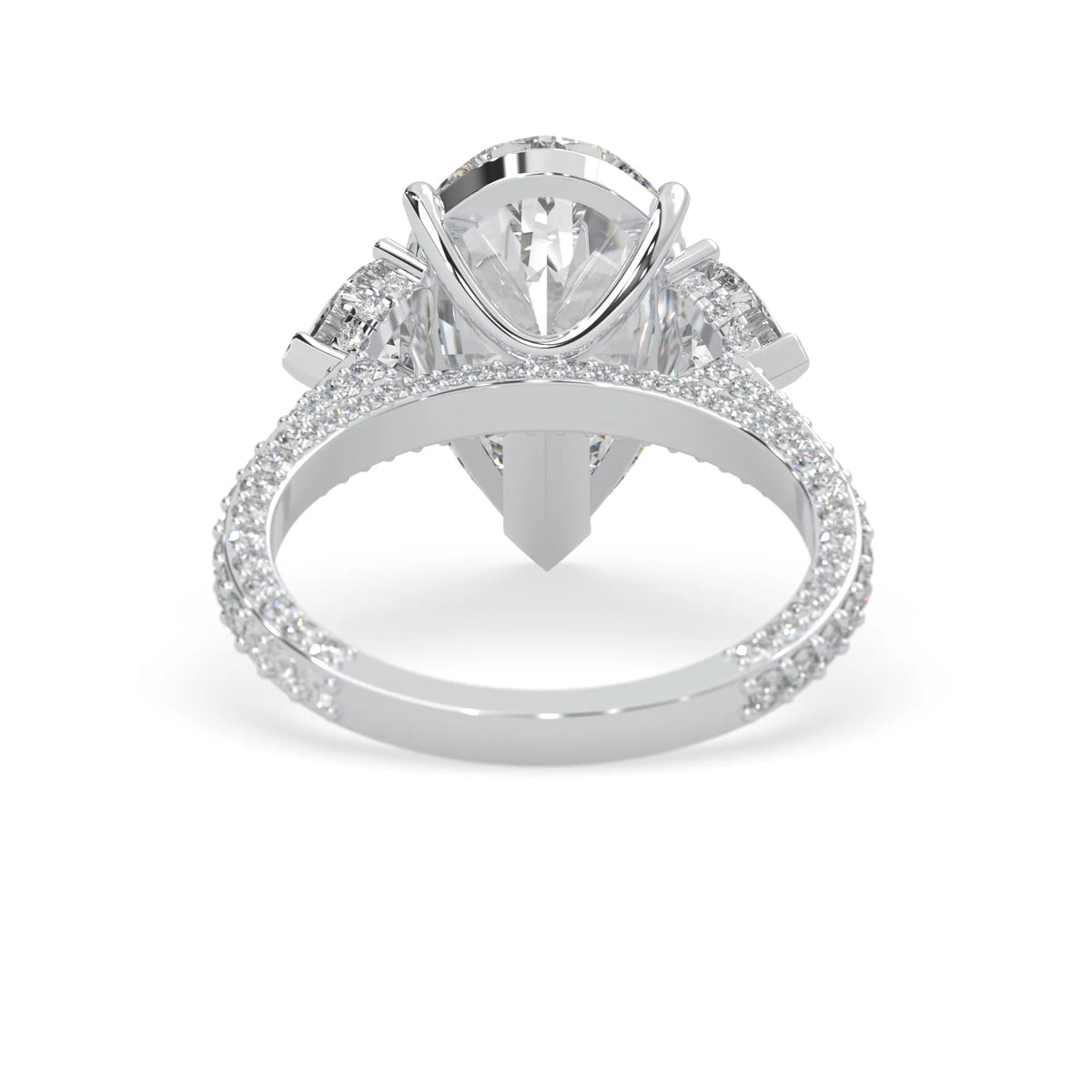 Pear three stone pave lab grown diamond cocktail ring with 6.50 carat center diamond in white gold