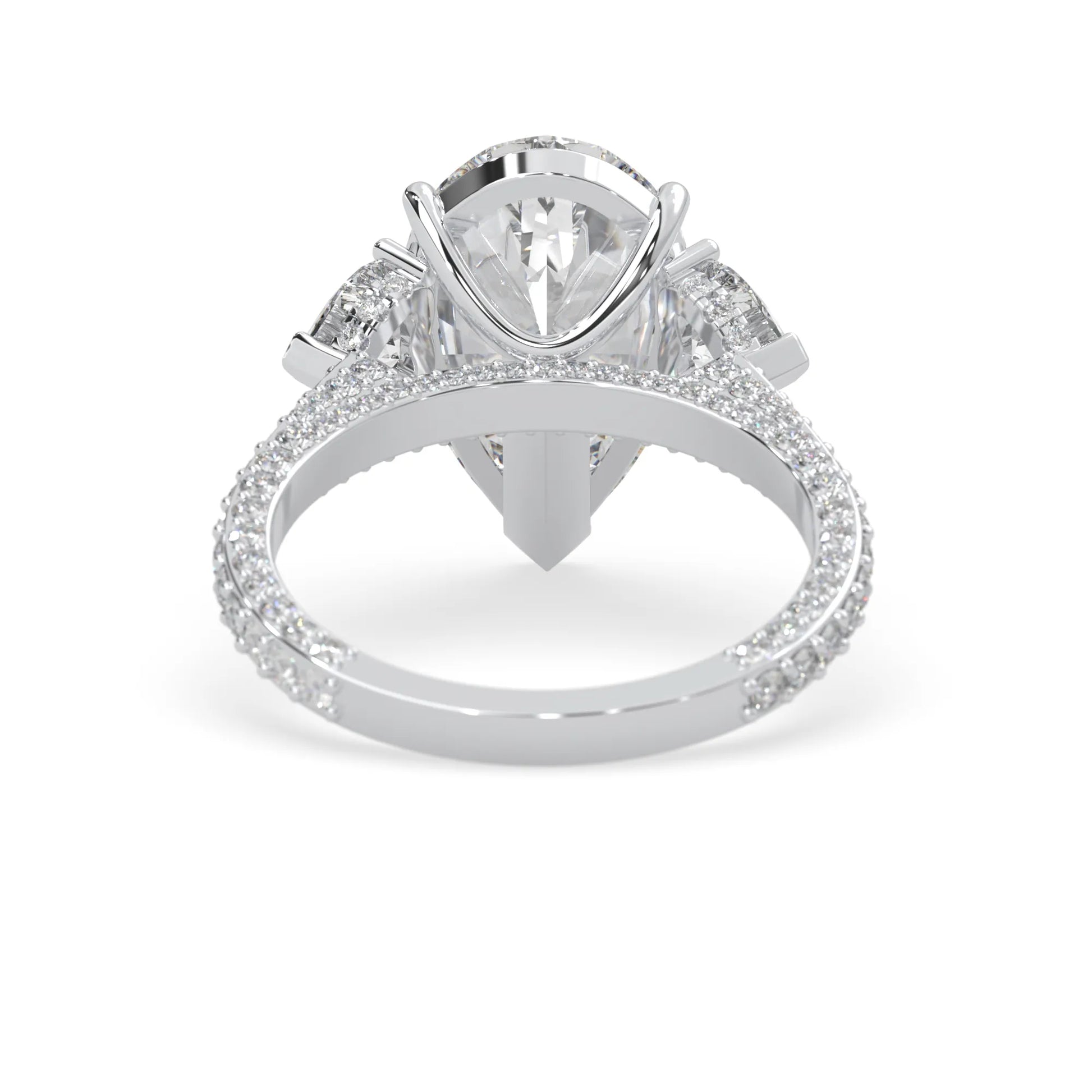 Pear three stone pave lab grown diamond cocktail ring with 6.50 carat center diamond in white gold