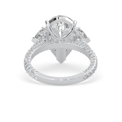 Pear three stone pave lab grown diamond cocktail ring with 6.50 carat center diamond in white gold