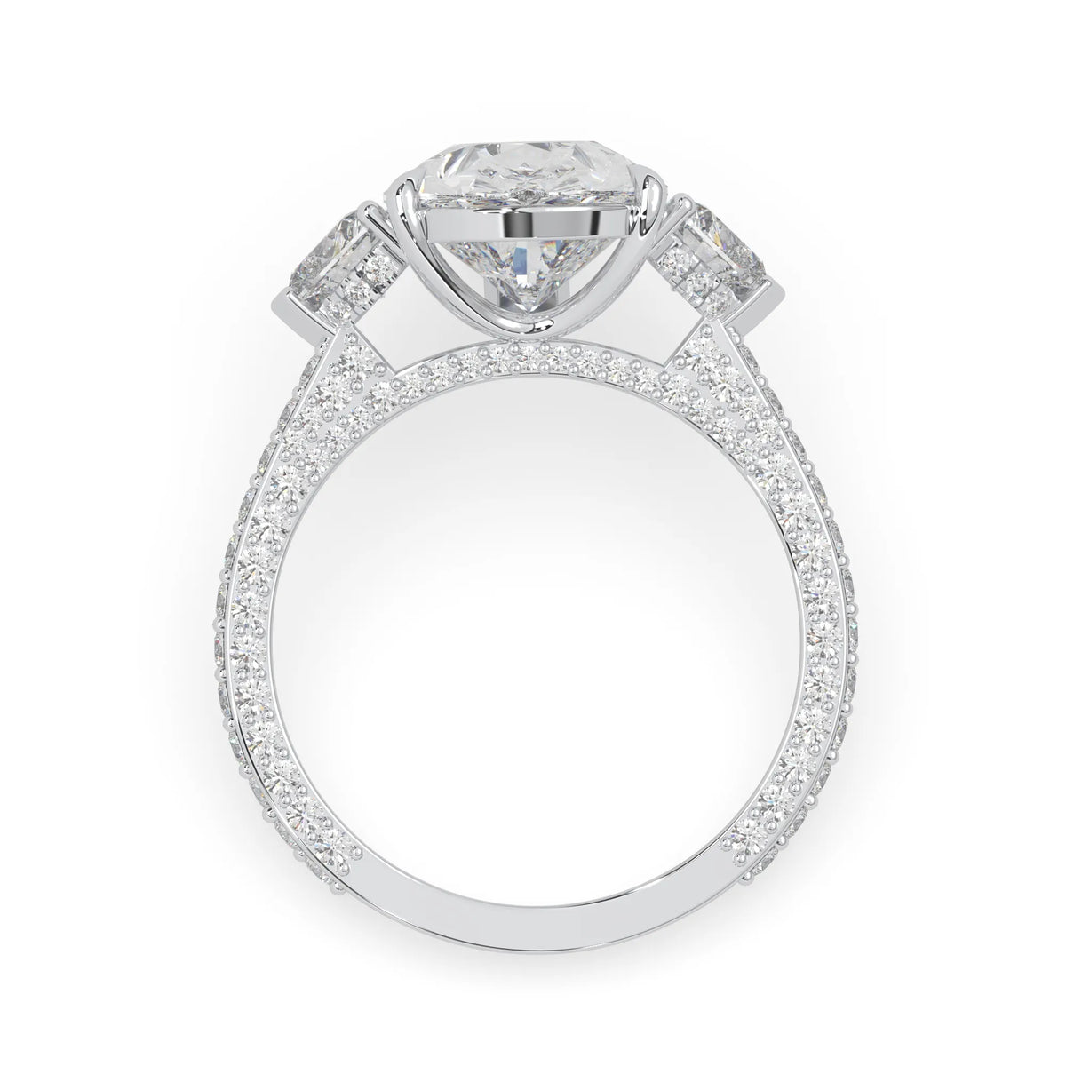Pear three stone pave lab grown diamond cocktail ring with 6.50 carat center diamond in white gold