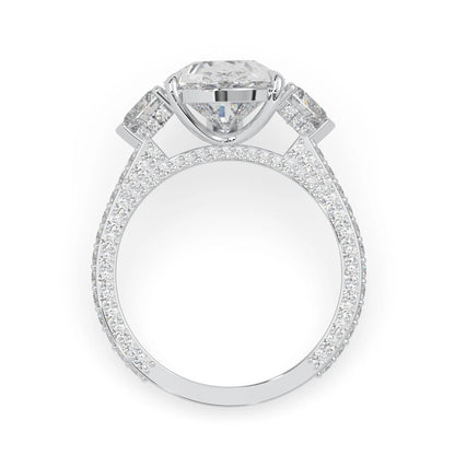 Pear three stone pave lab grown diamond cocktail ring with 6.50 carat center diamond in white gold