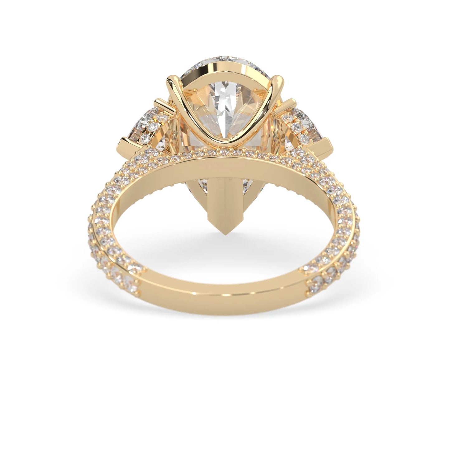 Pear three stone pave lab grown diamond cocktail ring with 6.50 carat center diamond in yellow gold
