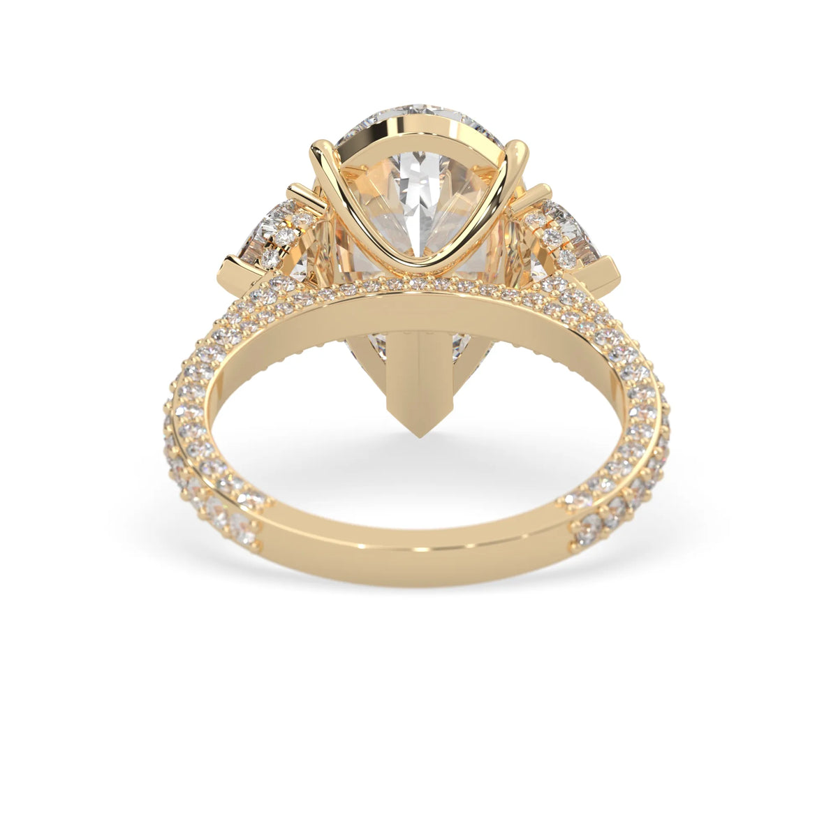 Pear three stone pave lab grown diamond cocktail ring with 6.50 carat center diamond in yellow gold