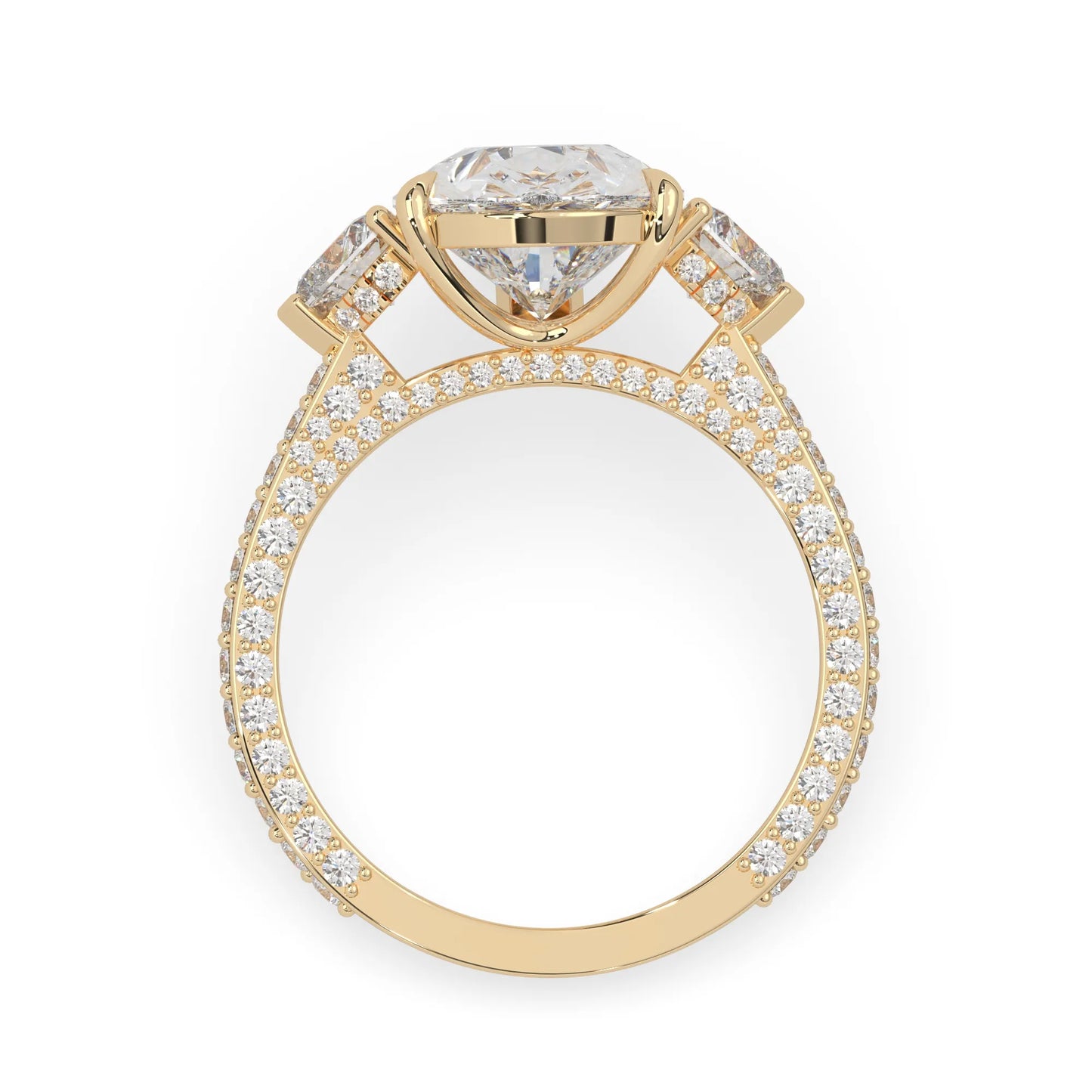 Pear three stone pave lab grown diamond cocktail ring with 6.50 carat center diamond in yellow gold