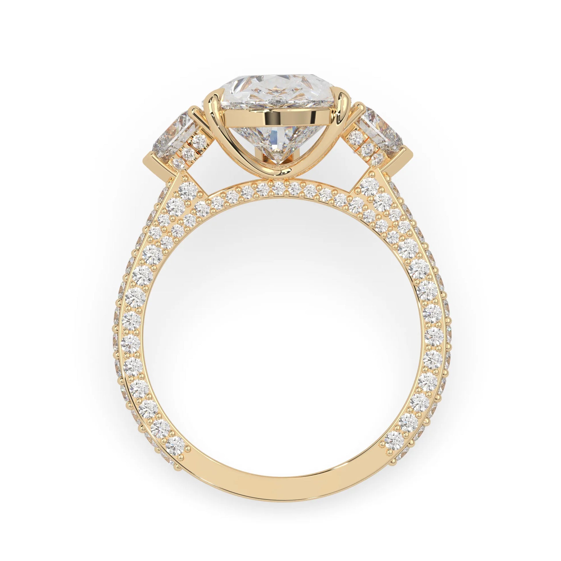 Pear three stone pave lab grown diamond cocktail ring with 6.50 carat center diamond in yellow gold
