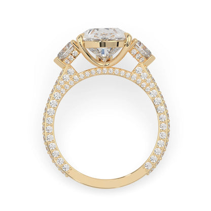 Pear three stone pave lab grown diamond cocktail ring with 6.50 carat center diamond in yellow gold