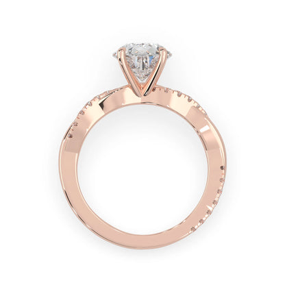 pear brilliant lab grown diamond engagement ring with prong setting and twisted pavé diamond band in rose gold tone