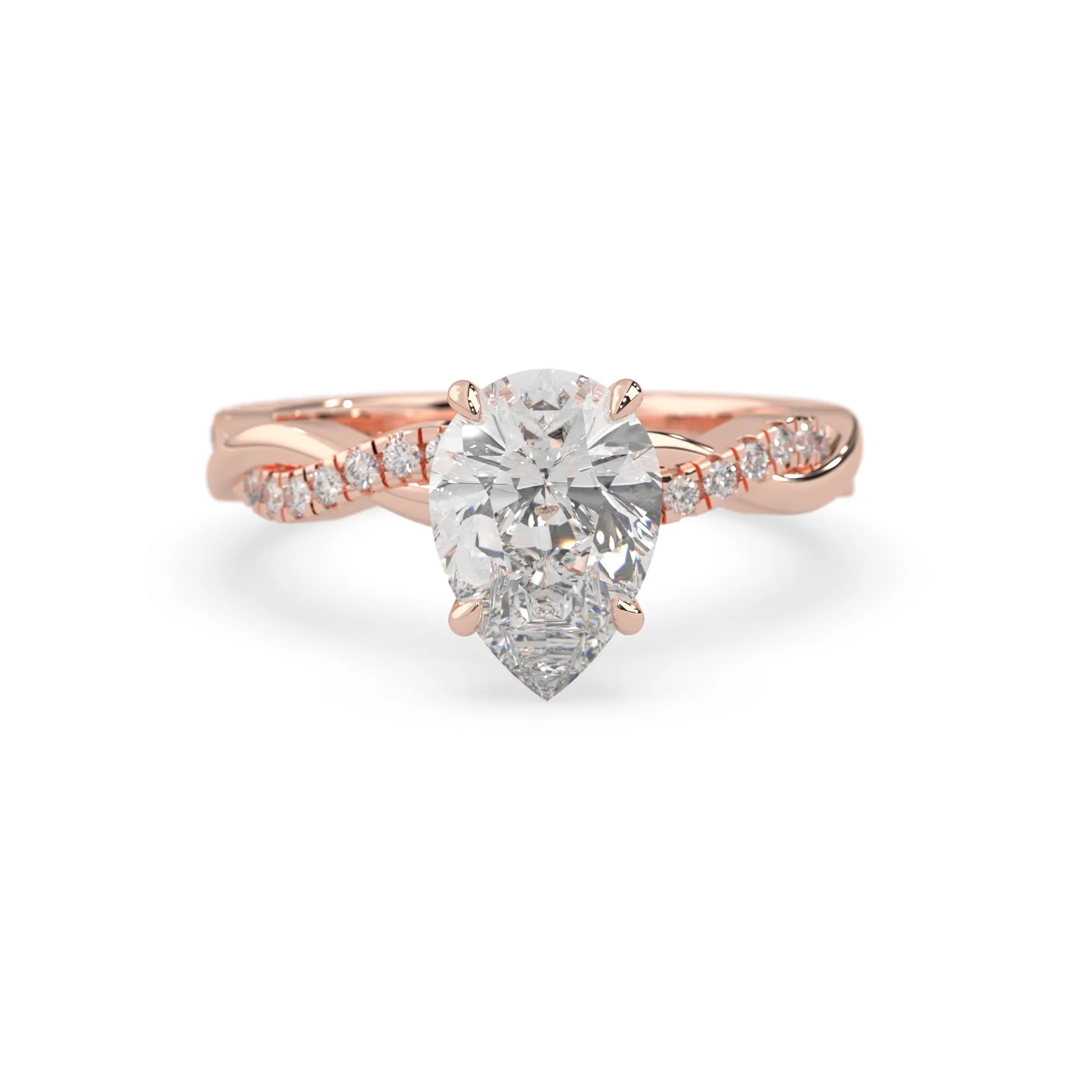 pear brilliant lab grown diamond engagement ring with prong setting and twisted pavé diamond band in rose gold tone