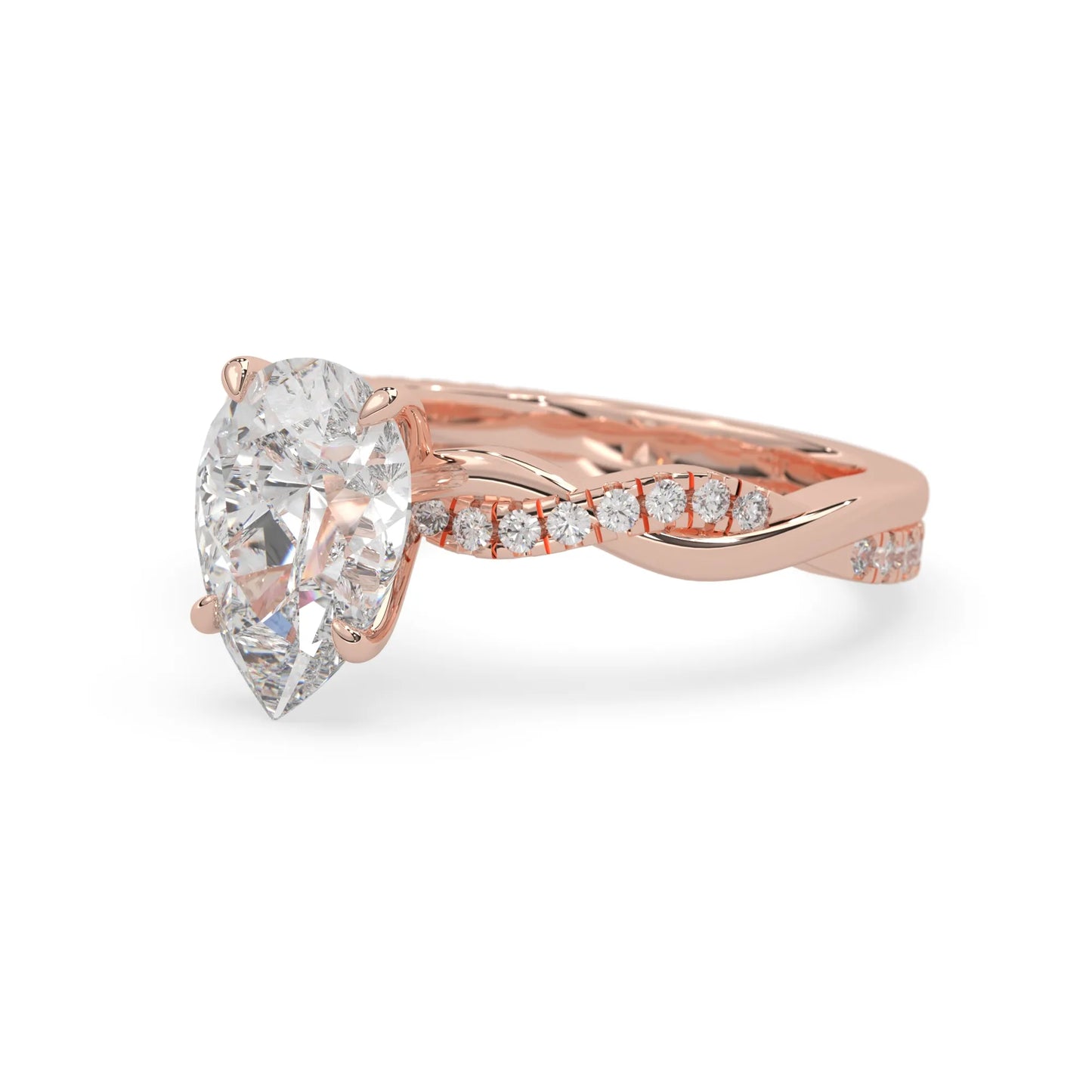 pear brilliant lab grown diamond engagement ring with prong setting and twisted pavé diamond band in rose gold tone
