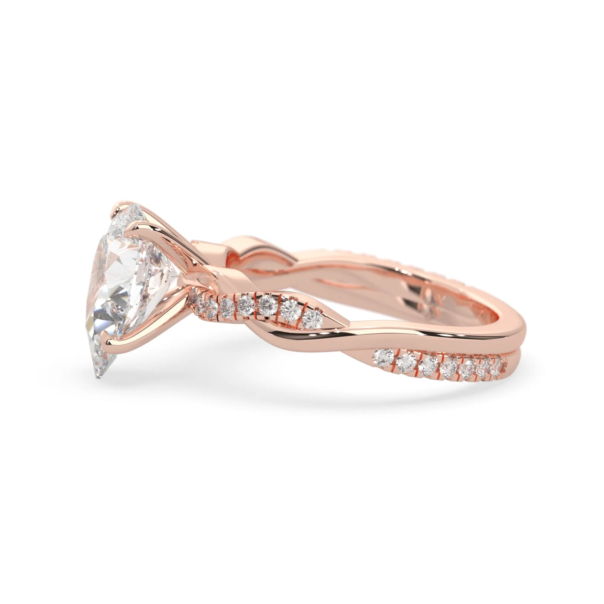 pear brilliant lab grown diamond engagement ring with prong setting and twisted pavé diamond band in rose gold tone