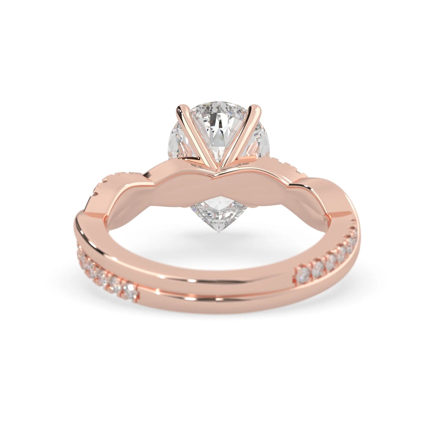 pear brilliant lab grown diamond engagement ring with prong setting and twisted pavé diamond band in rose gold tone