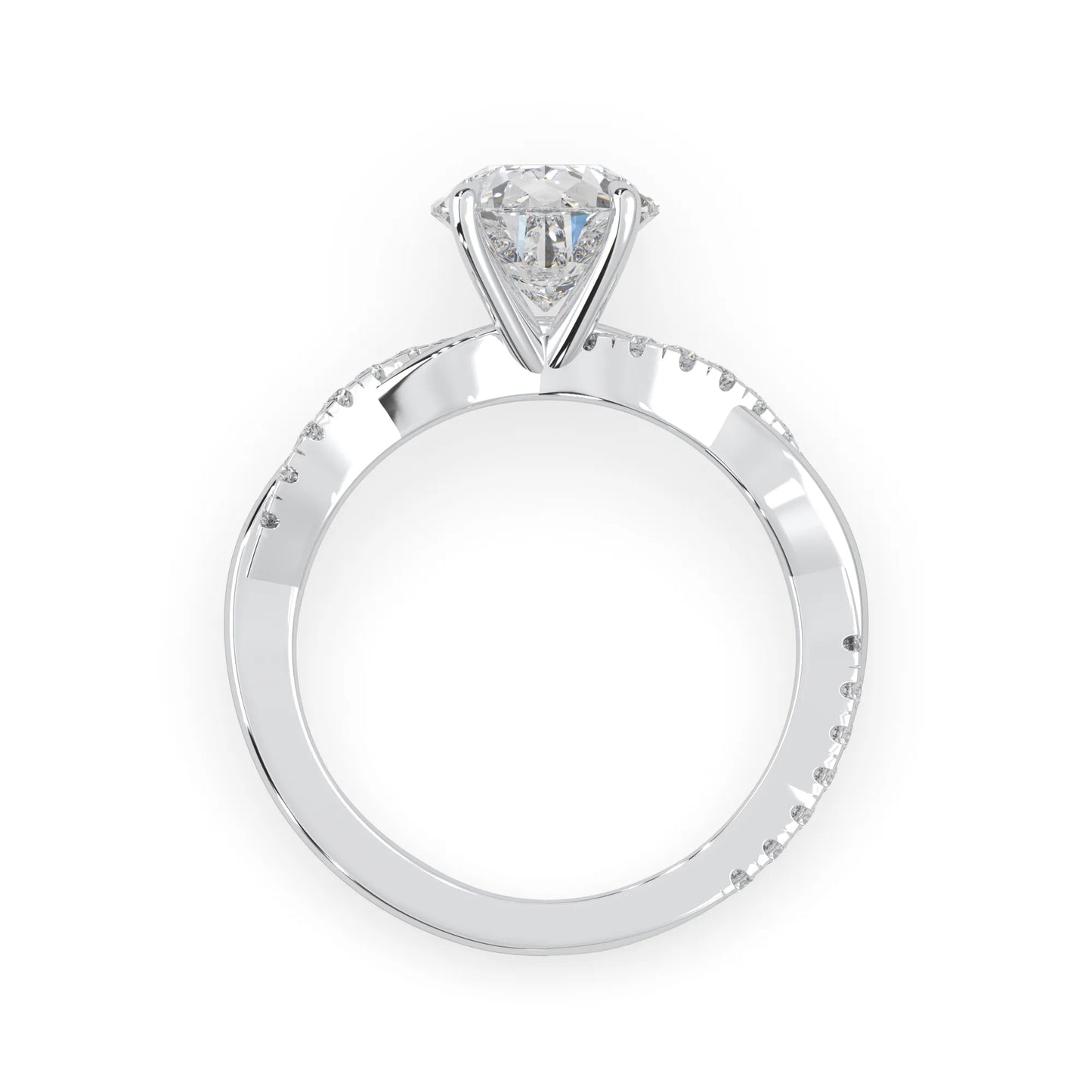 pear brilliant lab grown diamond engagement ring with prong setting and twisted pavé diamond band in white gold tone