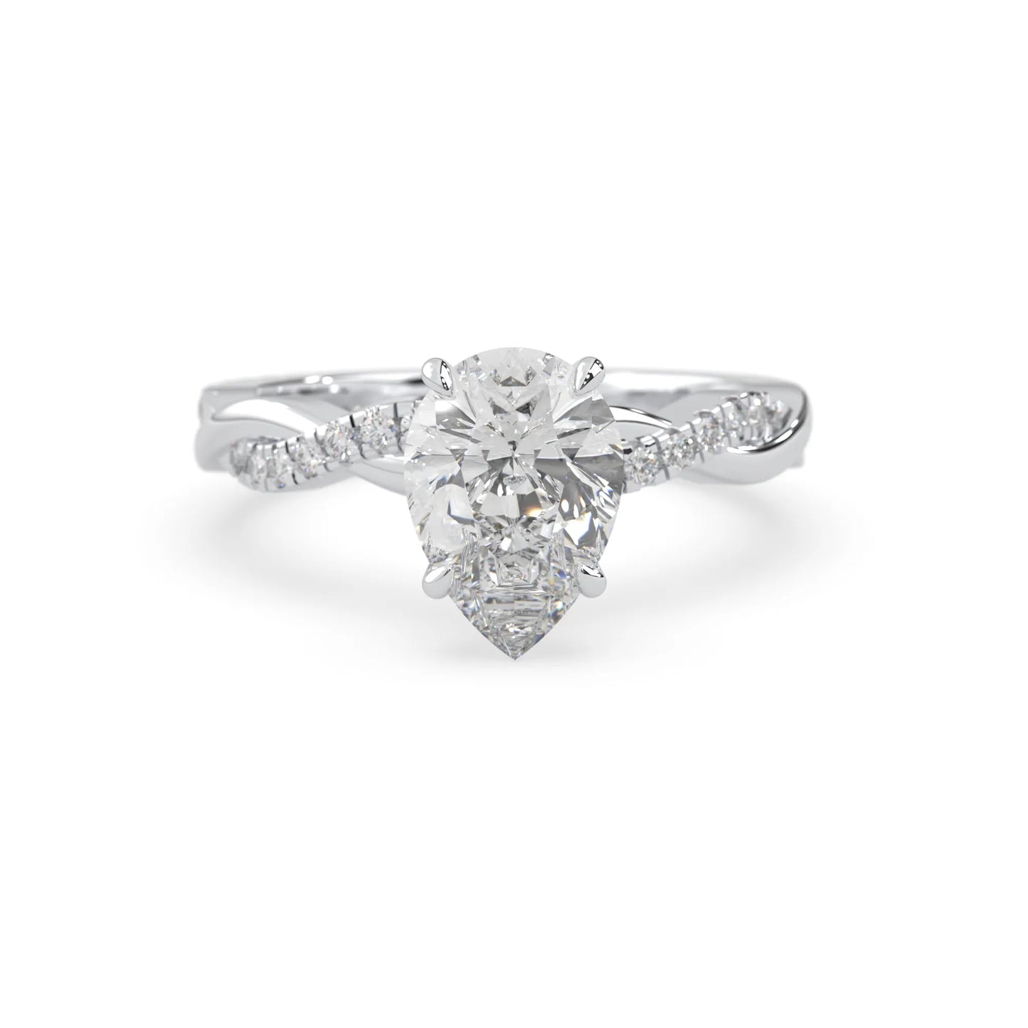 pear brilliant lab grown diamond engagement ring with prong setting and twisted pavé diamond band in white gold tone