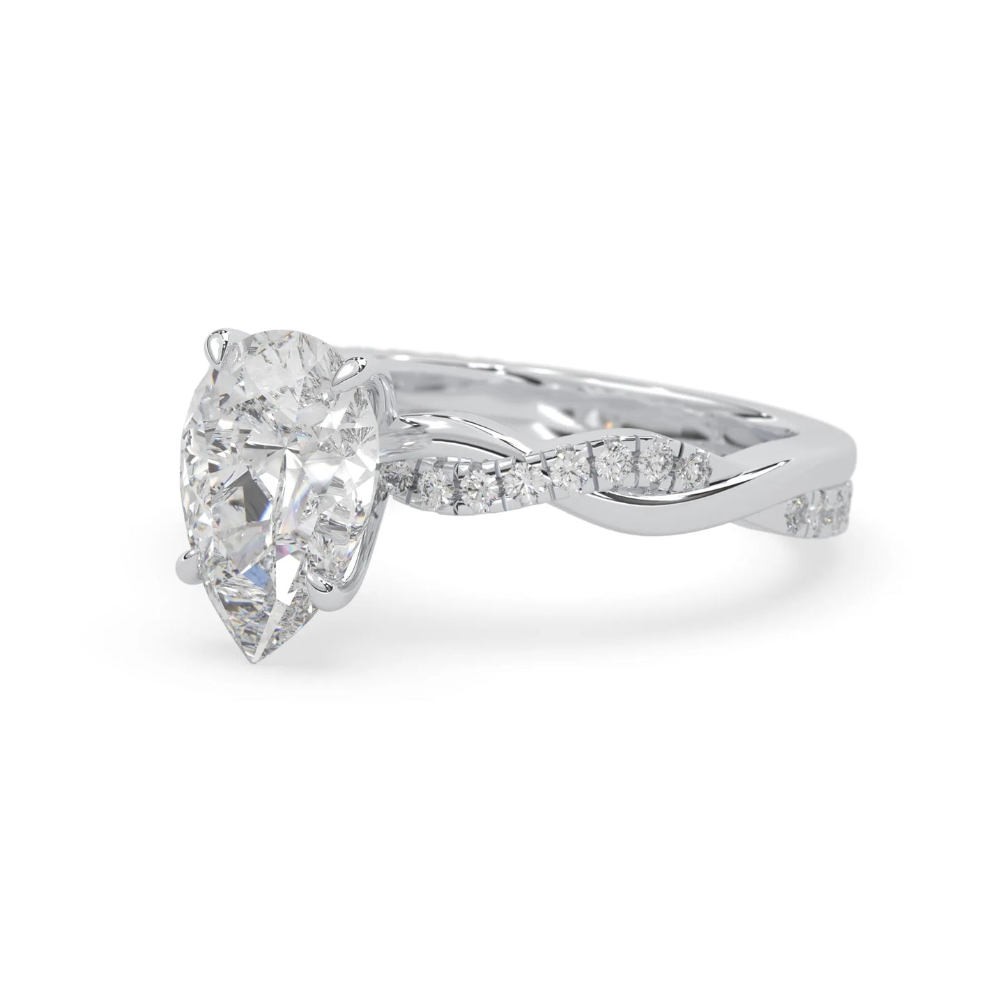 pear brilliant lab grown diamond engagement ring with prong setting and twisted pavé diamond band in white gold tone