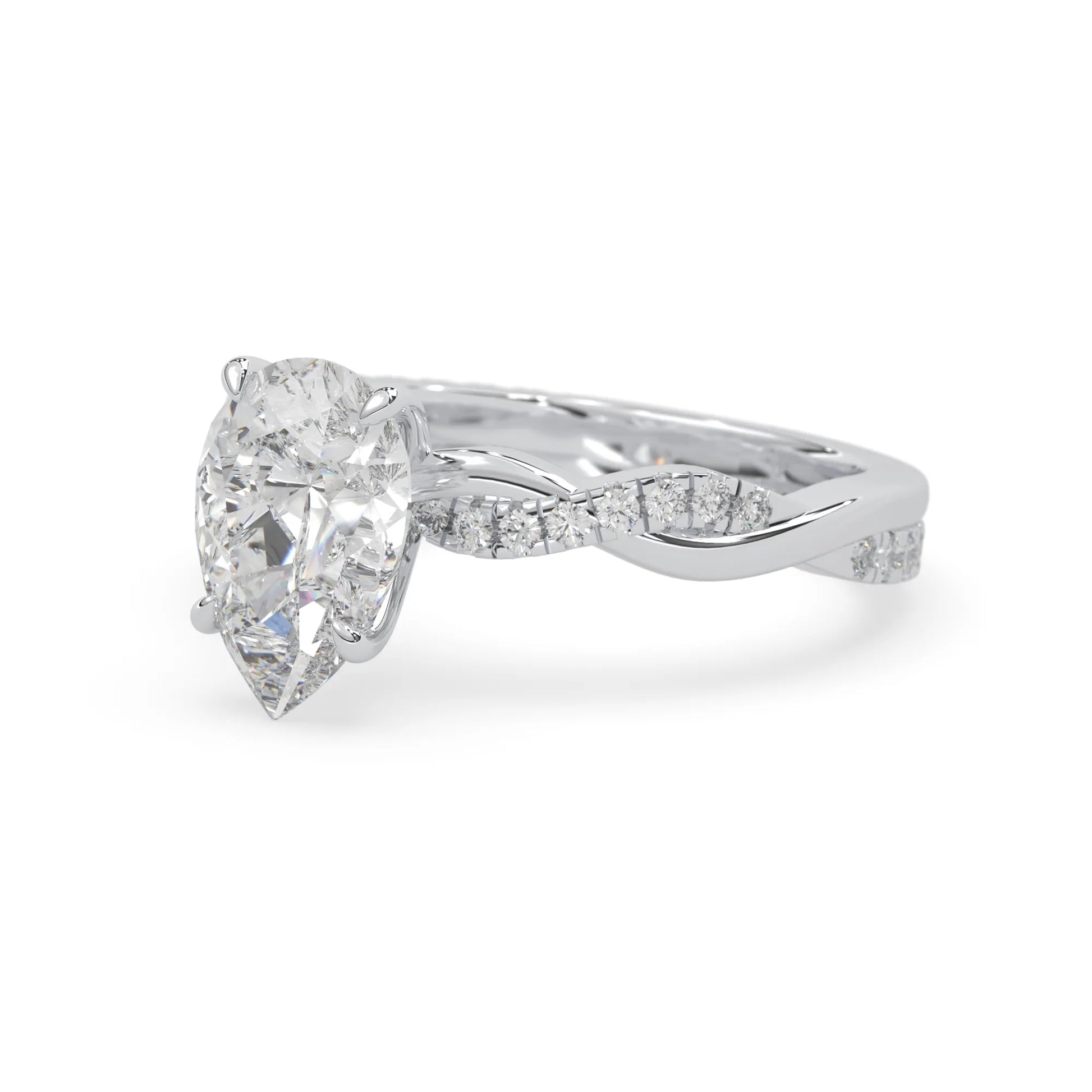 pear brilliant lab grown diamond engagement ring with prong setting and twisted pavé diamond band in white gold tone