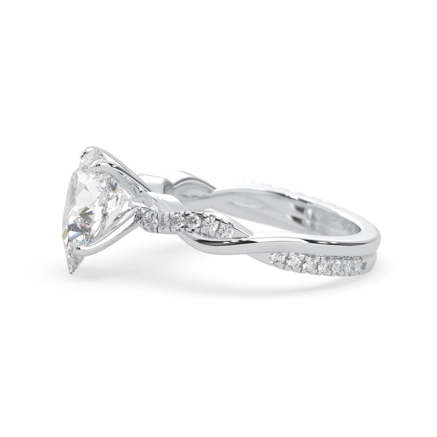 pear brilliant lab grown diamond engagement ring with prong setting and twisted pavé diamond band in white gold tone