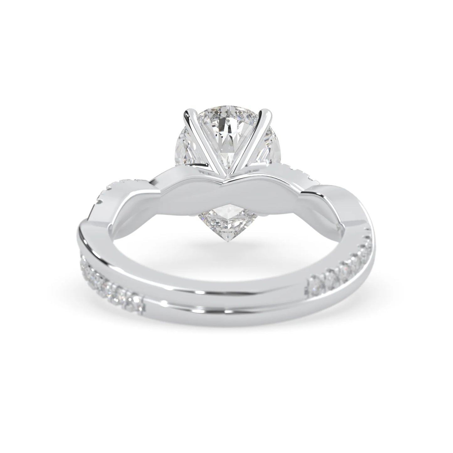 pear brilliant lab grown diamond engagement ring with prong setting and twisted pavé diamond band in white gold tone