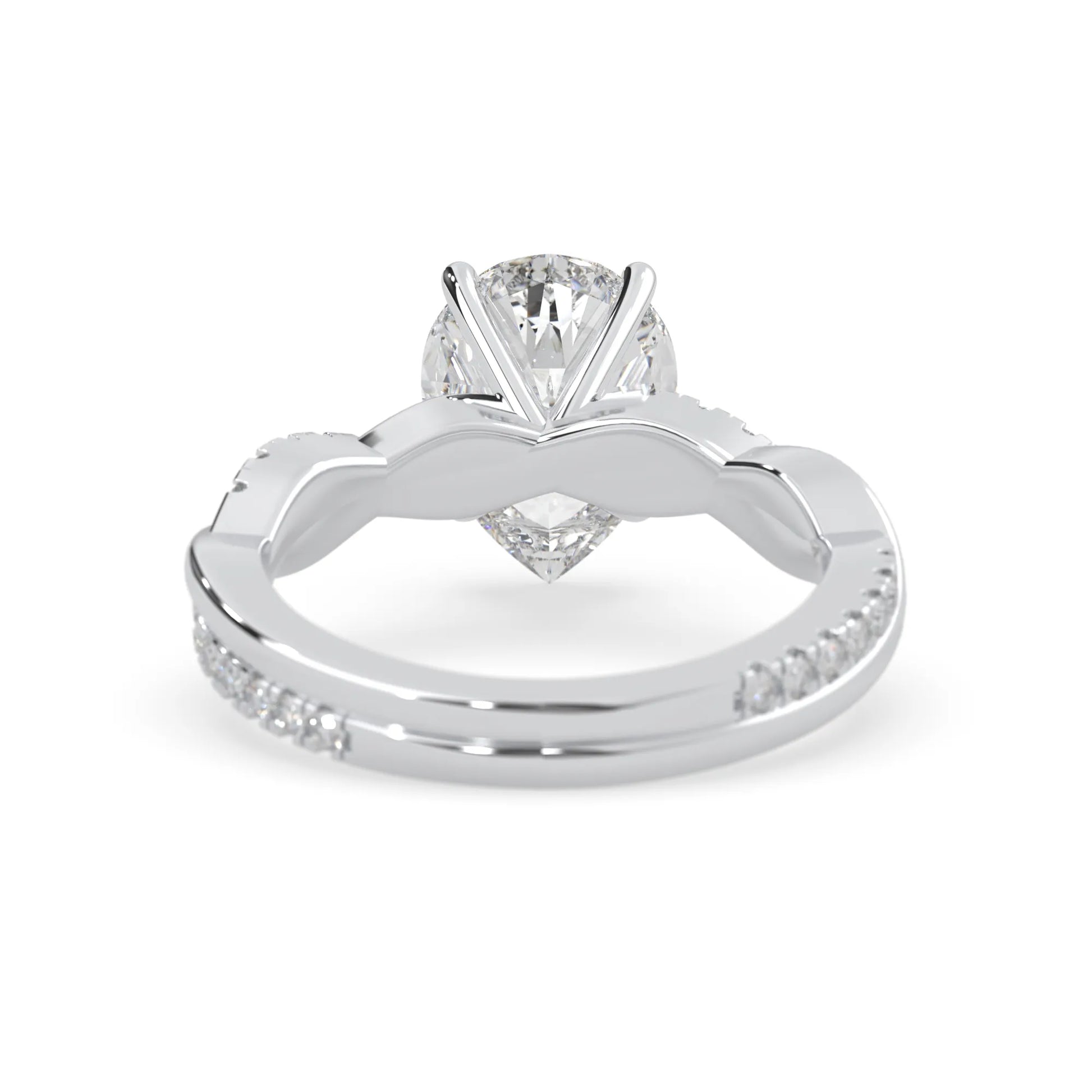 pear brilliant lab grown diamond engagement ring with prong setting and twisted pavé diamond band in white gold tone