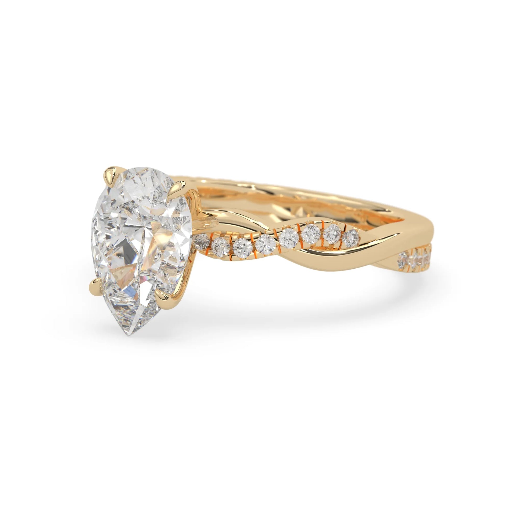 pear brilliant lab grown diamond engagement ring with prong setting and twisted pavé diamond band in yellow gold tone