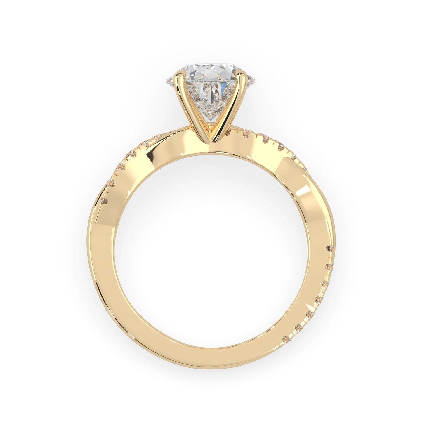 pear brilliant lab grown diamond engagement ring with prong setting and twisted pavé diamond band in yellow gold tone