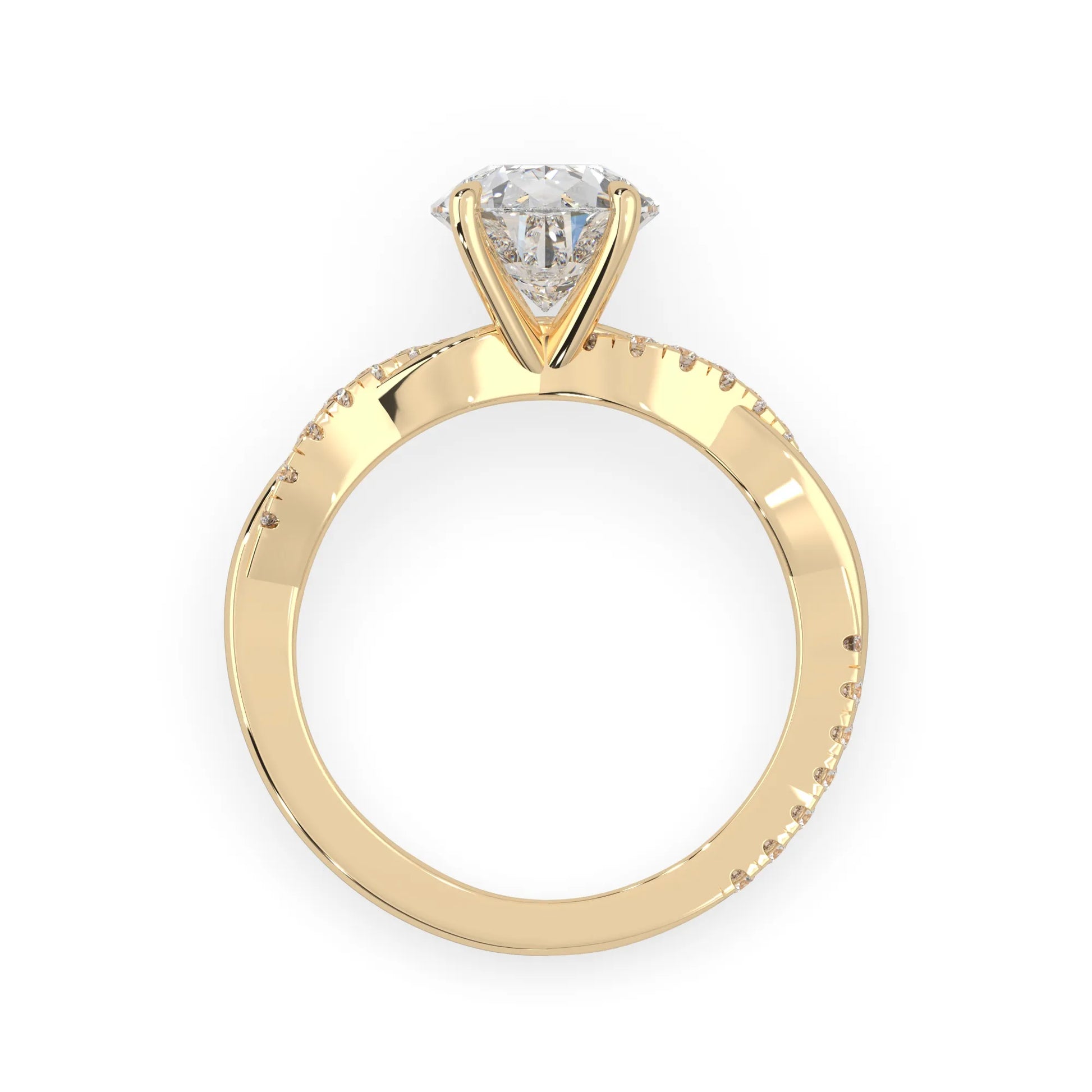 pear brilliant lab grown diamond engagement ring with prong setting and twisted pavé diamond band in yellow gold tone