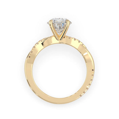 pear brilliant lab grown diamond engagement ring with prong setting and twisted pavé diamond band in yellow gold tone