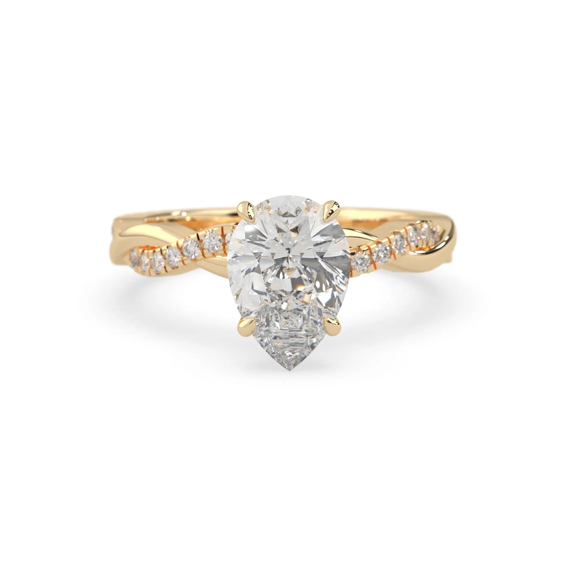 pear brilliant lab grown diamond engagement ring with prong setting and twisted pavé diamond band in yellow gold tone