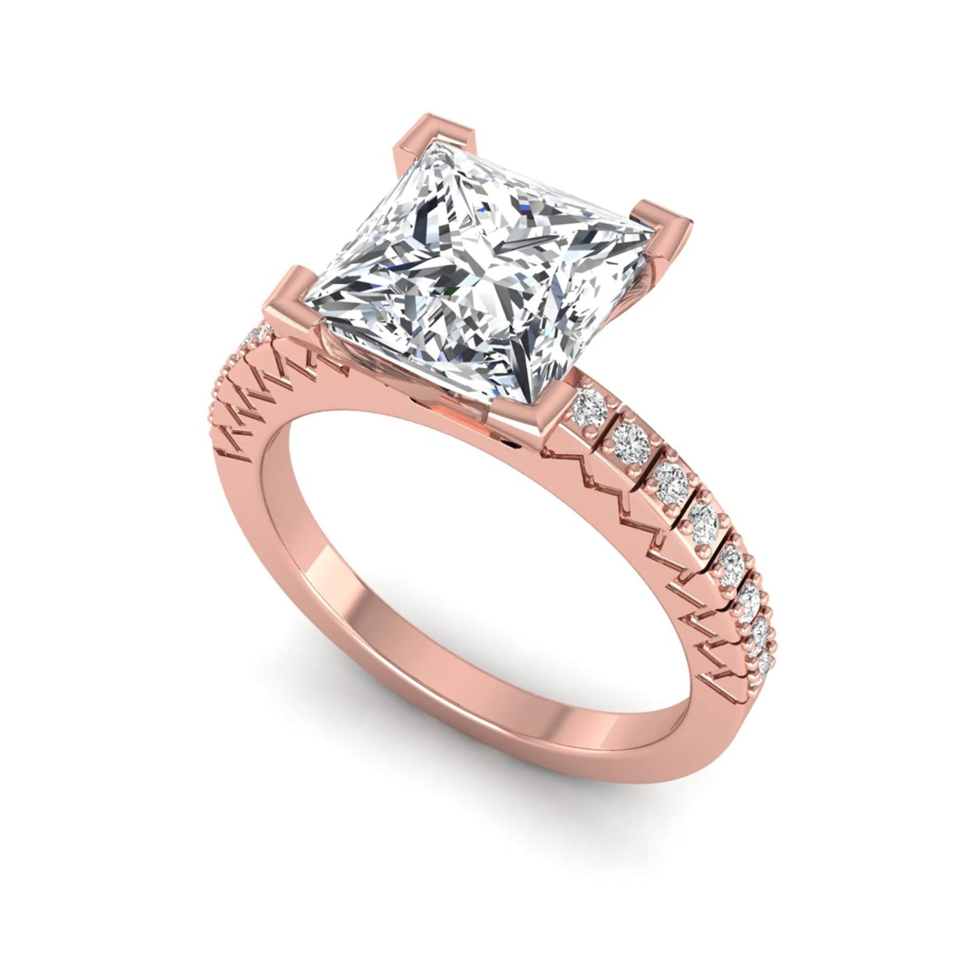 Princess cut lab grown diamond engagement ring featuring a four-prong setting with round accent diamonds on a geometric rose gold style band.