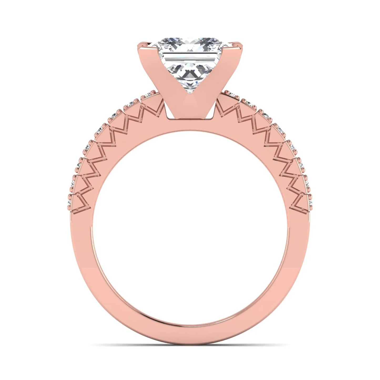Princess cut lab grown diamond engagement ring featuring a four-prong setting with round accent diamonds on a geometric rose gold style band.