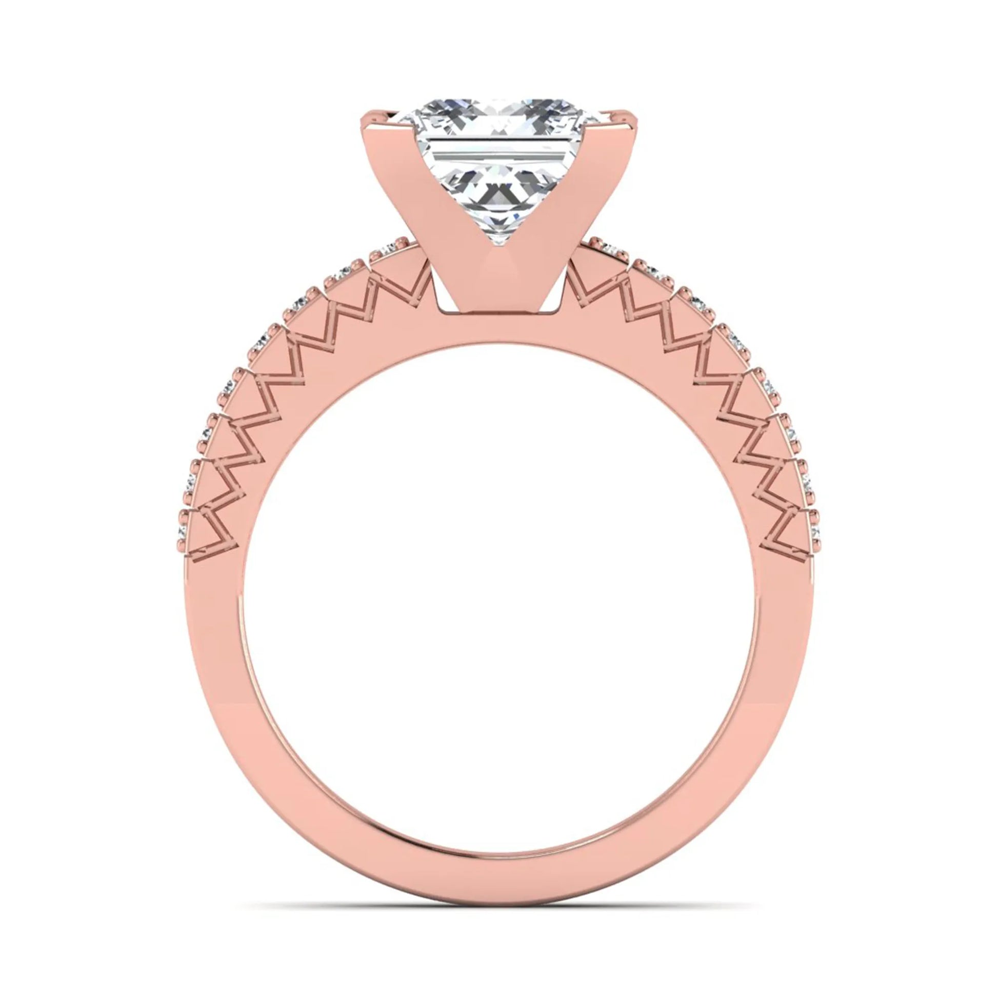 Princess cut lab grown diamond engagement ring featuring a four-prong setting with round accent diamonds on a geometric rose gold style band.