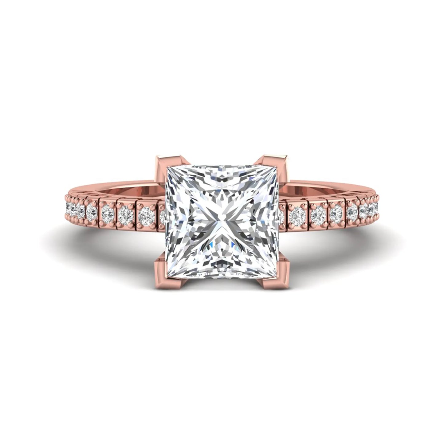 Princess cut lab grown diamond engagement ring featuring a four-prong setting with round accent diamonds on a geometric rose gold style band.
