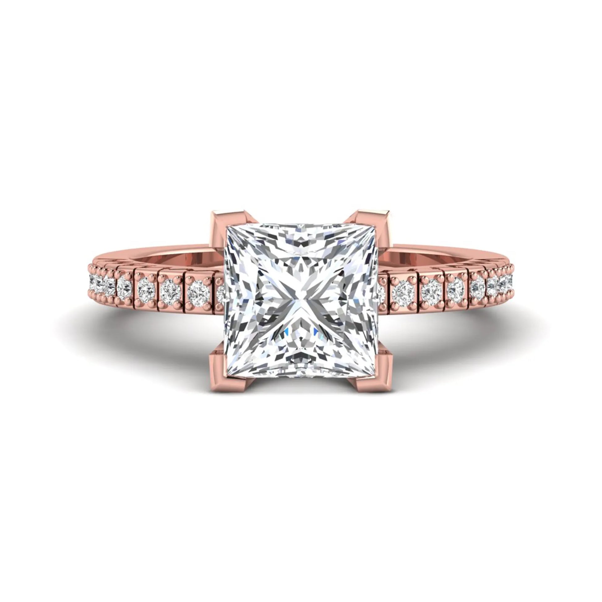Princess cut lab grown diamond engagement ring featuring a four-prong setting with round accent diamonds on a geometric rose gold style band.