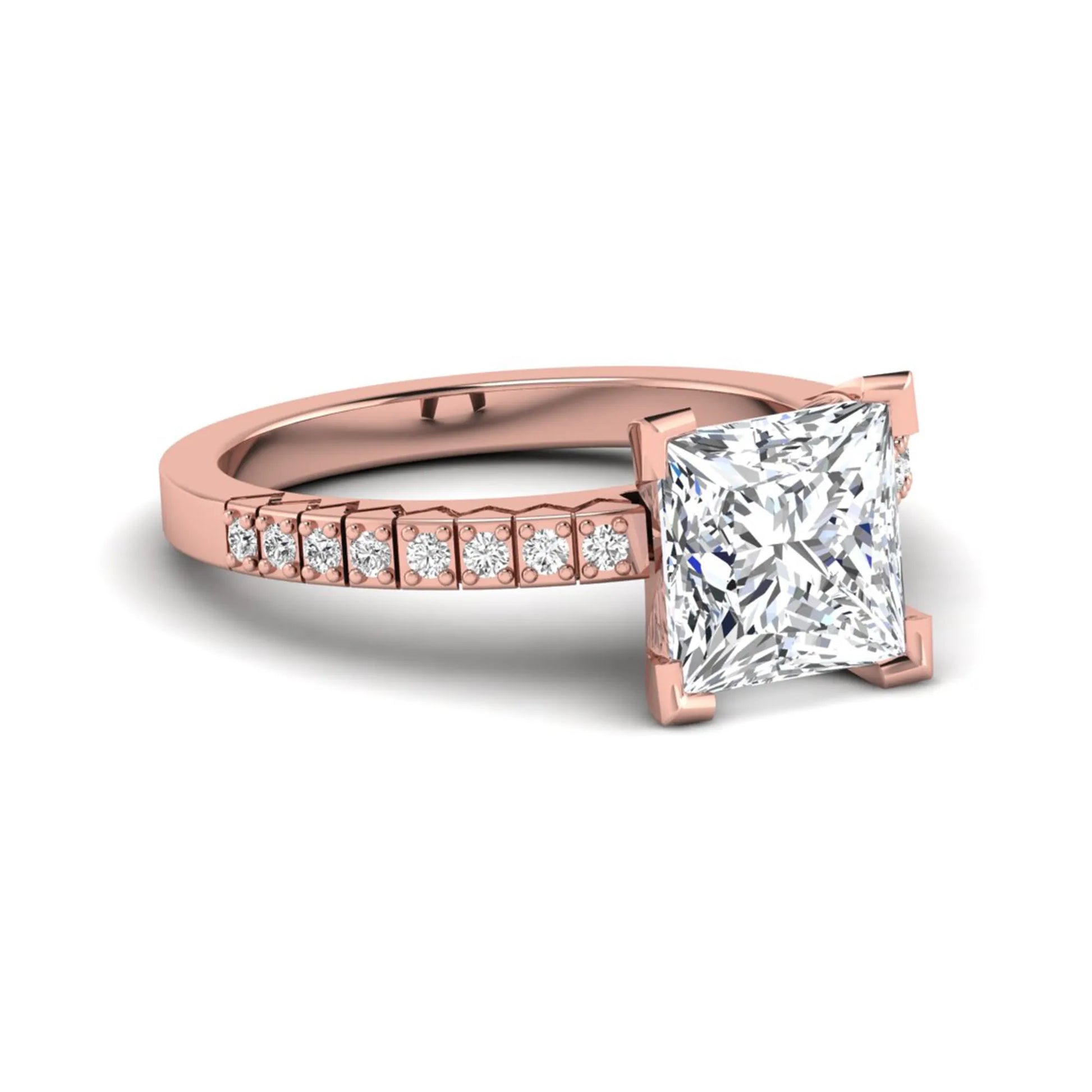 Princess cut lab grown diamond engagement ring featuring a four-prong setting with round accent diamonds on a geometric rose gold style band.