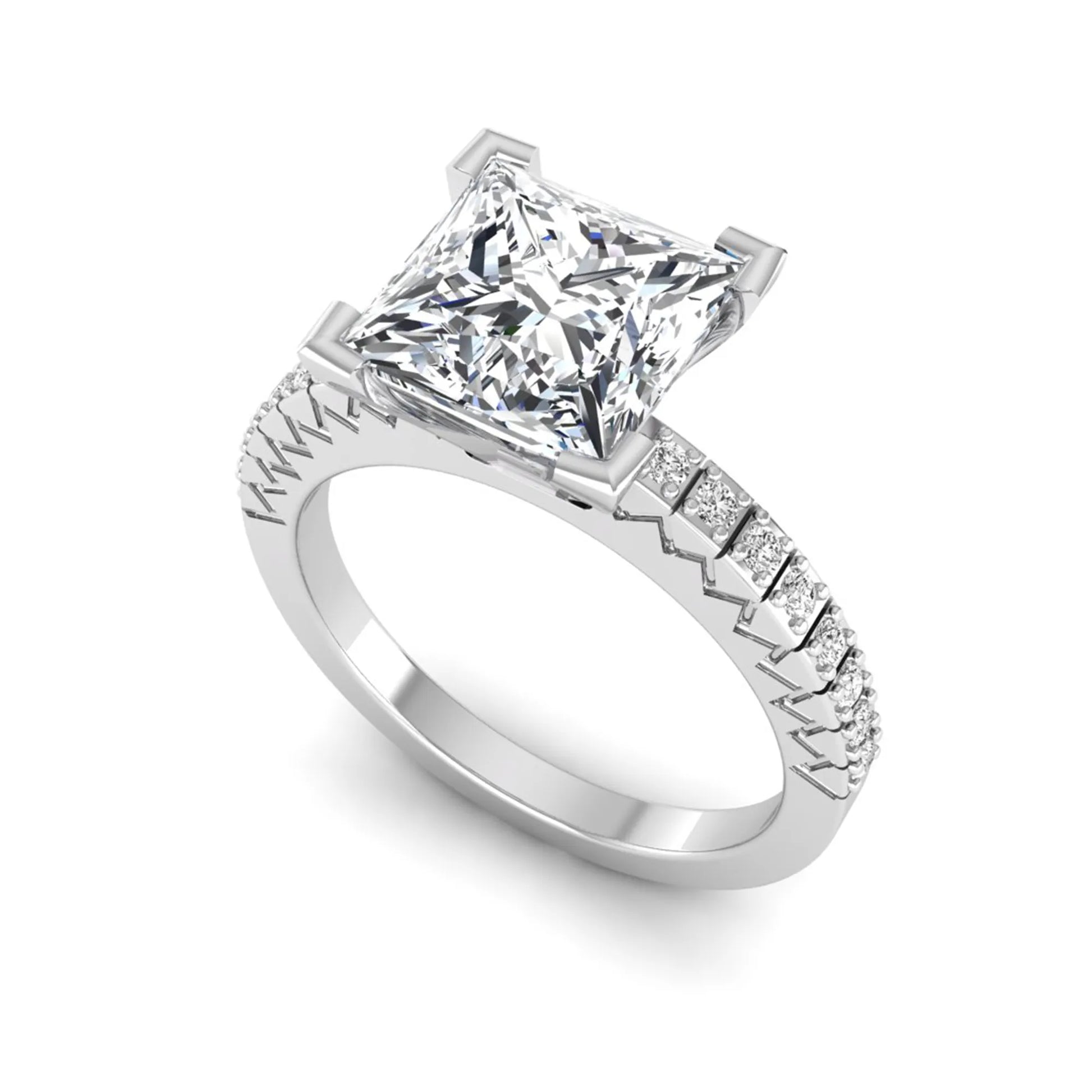 Princess cut lab grown diamond engagement ring featuring a four-prong setting with round accent diamonds on a geometric white gold style band.