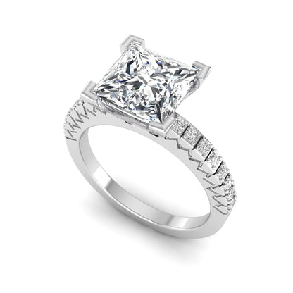 Princess cut lab grown diamond engagement ring featuring a four-prong setting with round accent diamonds on a geometric white gold style band.