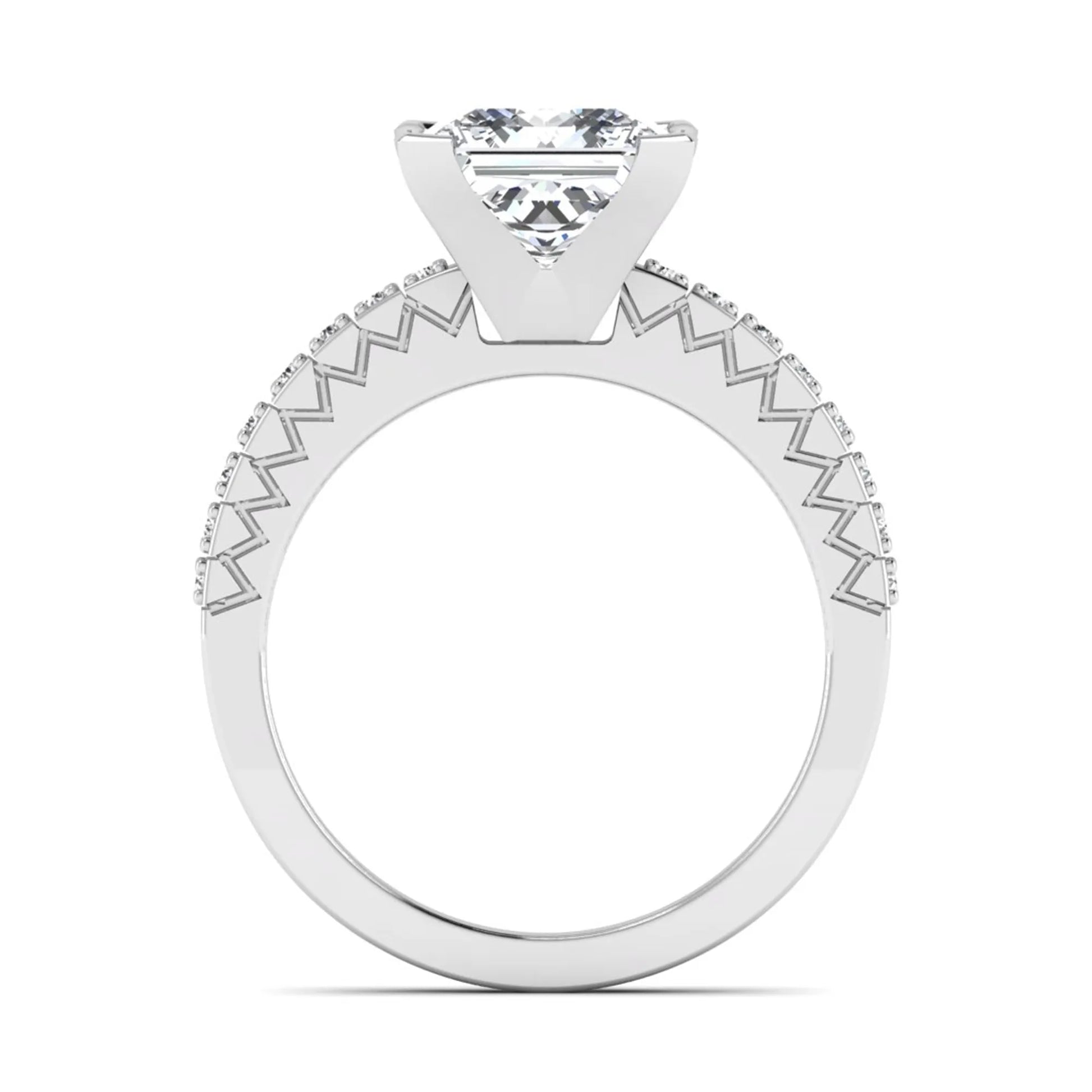 Princess cut lab grown diamond engagement ring featuring a four-prong setting with round accent diamonds on a geometric white gold style band.
