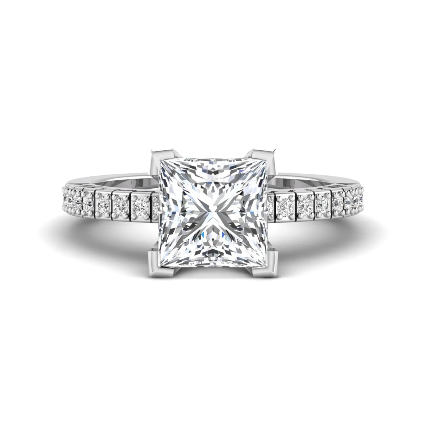 Princess cut lab grown diamond engagement ring featuring a four-prong setting with round accent diamonds on a geometric white gold style band.