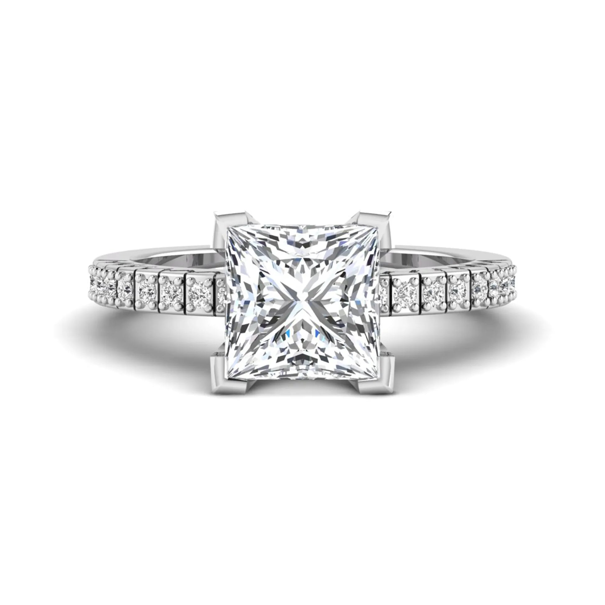 Princess cut lab grown diamond engagement ring featuring a four-prong setting with round accent diamonds on a geometric white gold style band.