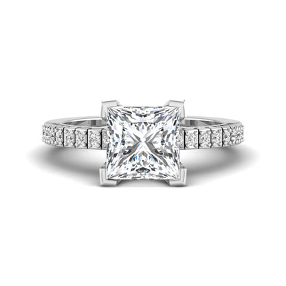 Princess cut lab grown diamond engagement ring featuring a four-prong setting with round accent diamonds on a geometric white gold style band.