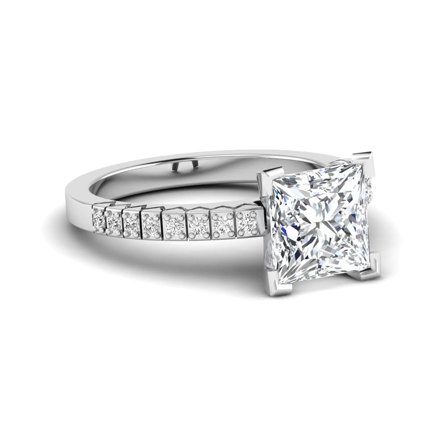 Princess cut lab grown diamond engagement ring featuring a four-prong setting with round accent diamonds on a geometric white gold style band.