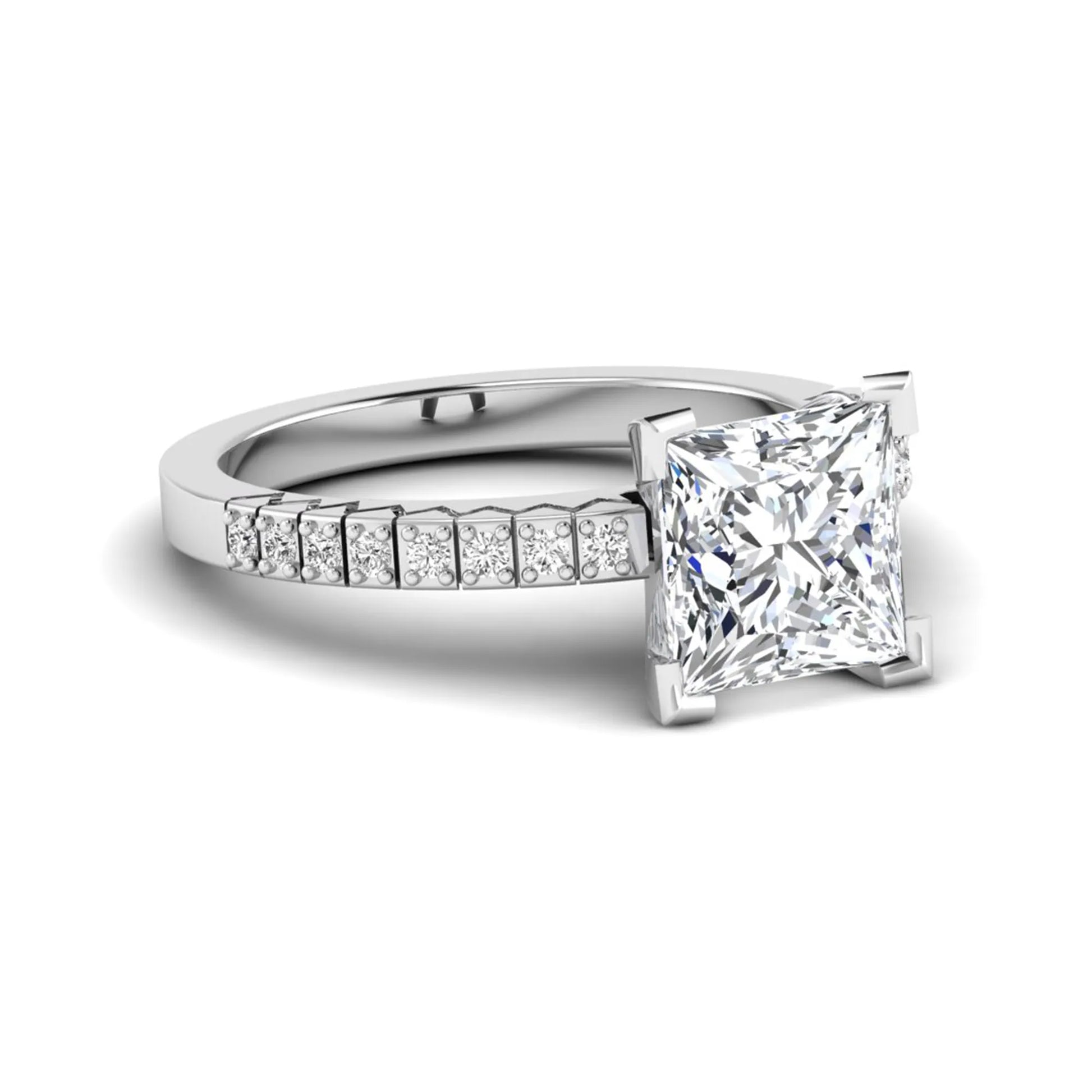 Princess cut lab grown diamond engagement ring featuring a four-prong setting with round accent diamonds on a geometric white gold style band.