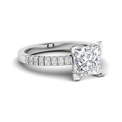 Princess cut lab grown diamond engagement ring featuring a four-prong setting with round accent diamonds on a geometric white gold style band.