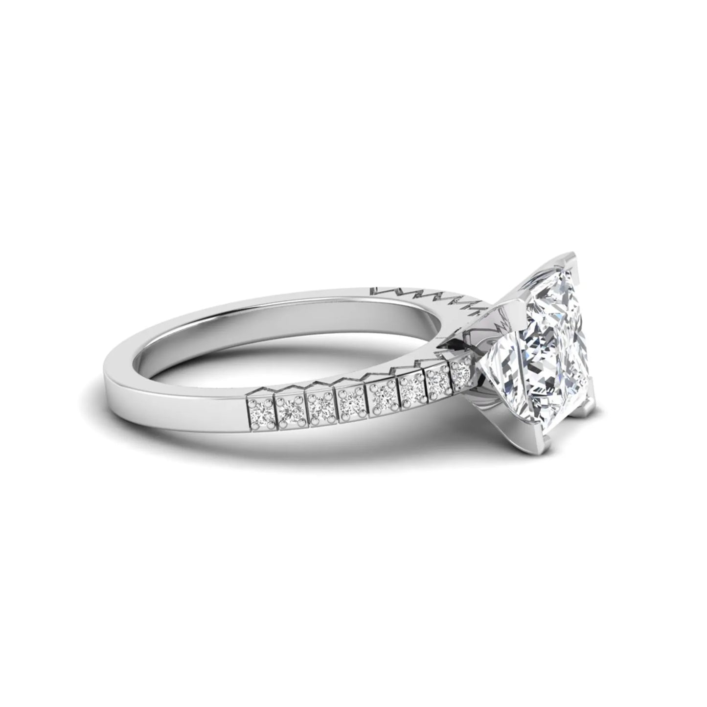Princess cut lab grown diamond engagement ring featuring a four-prong setting with round accent diamonds on a geometric white gold style band.