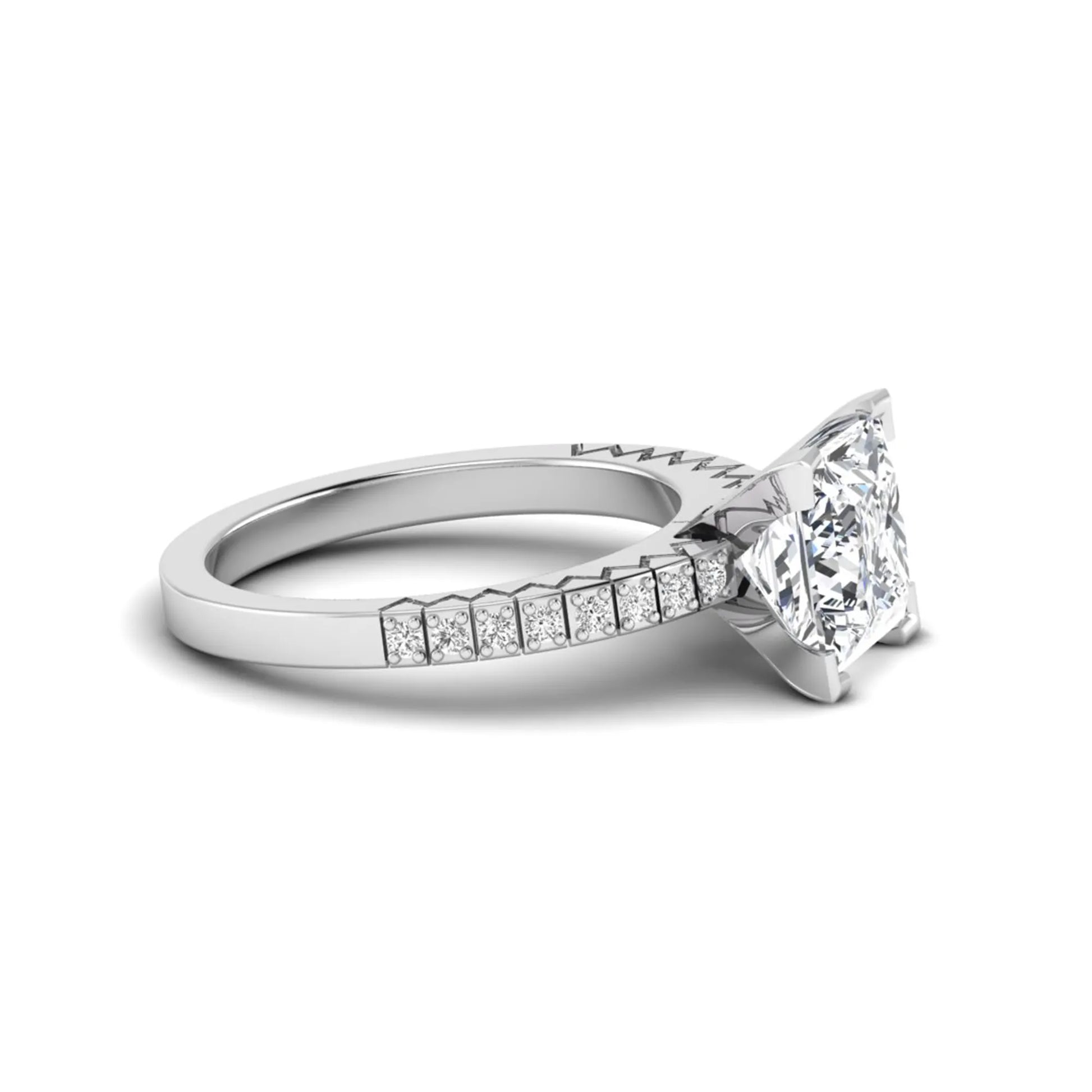 Princess cut lab grown diamond engagement ring featuring a four-prong setting with round accent diamonds on a geometric white gold style band.