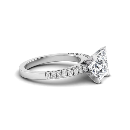 Princess cut lab grown diamond engagement ring featuring a four-prong setting with round accent diamonds on a geometric white gold style band.