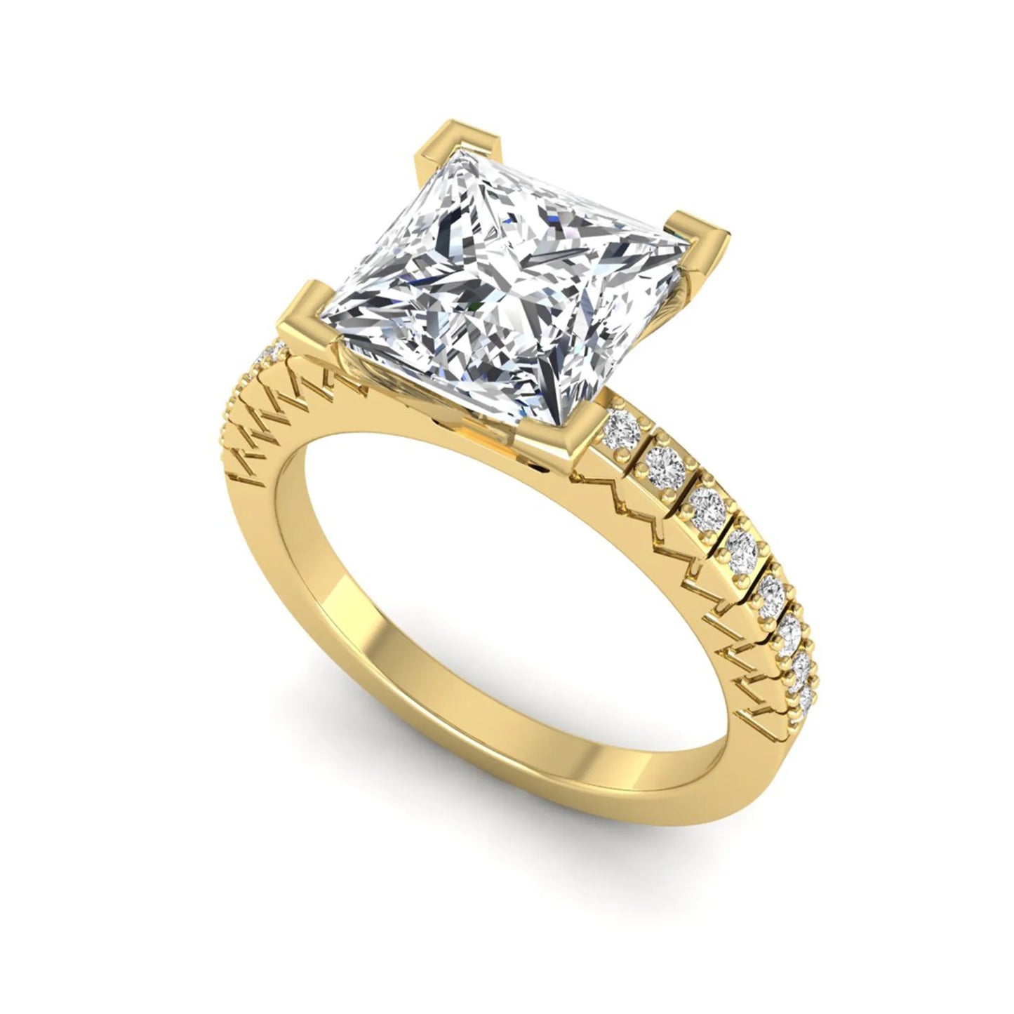 Princess cut lab grown diamond engagement ring featuring a four-prong setting with round accent diamonds on a geometric yellow gold style band.