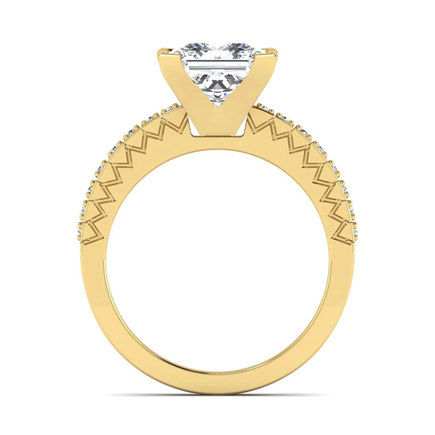 Princess cut lab grown diamond engagement ring featuring a four-prong setting with round accent diamonds on a geometric yellow gold style band.