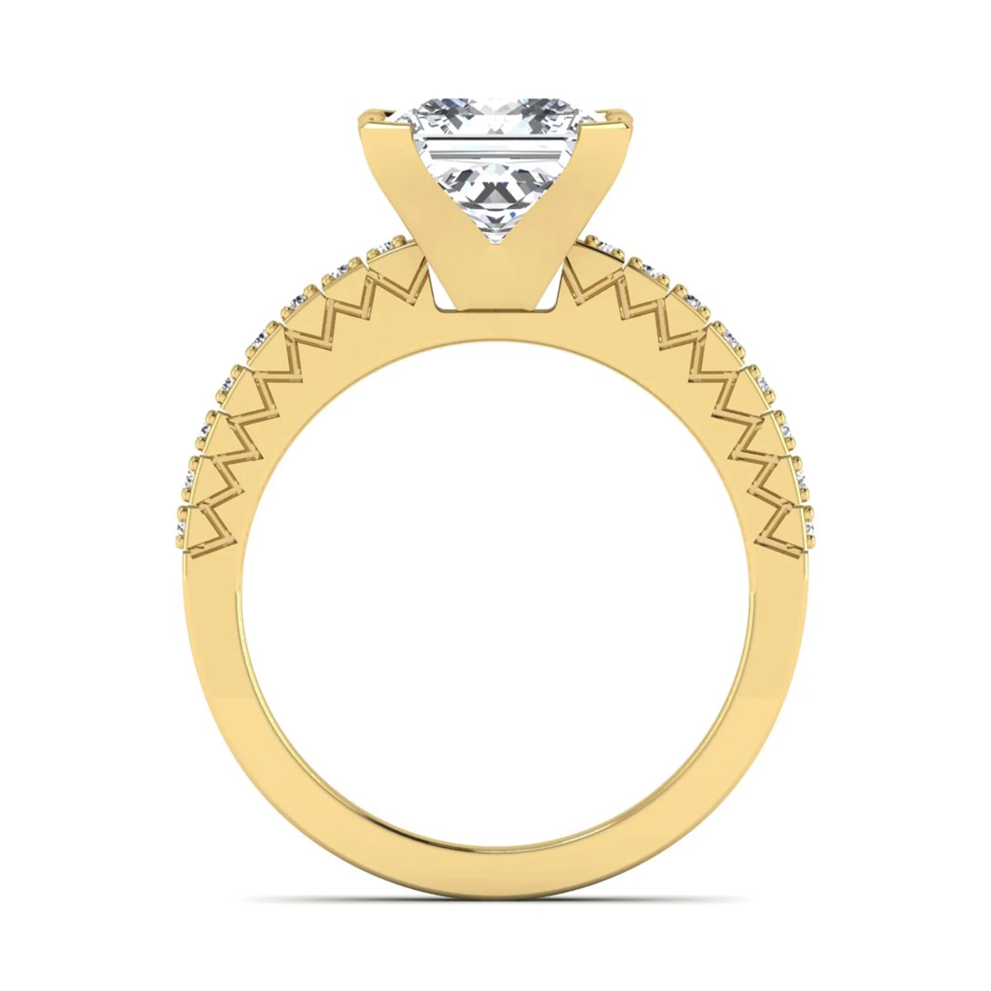 Princess cut lab grown diamond engagement ring featuring a four-prong setting with round accent diamonds on a geometric yellow gold style band.