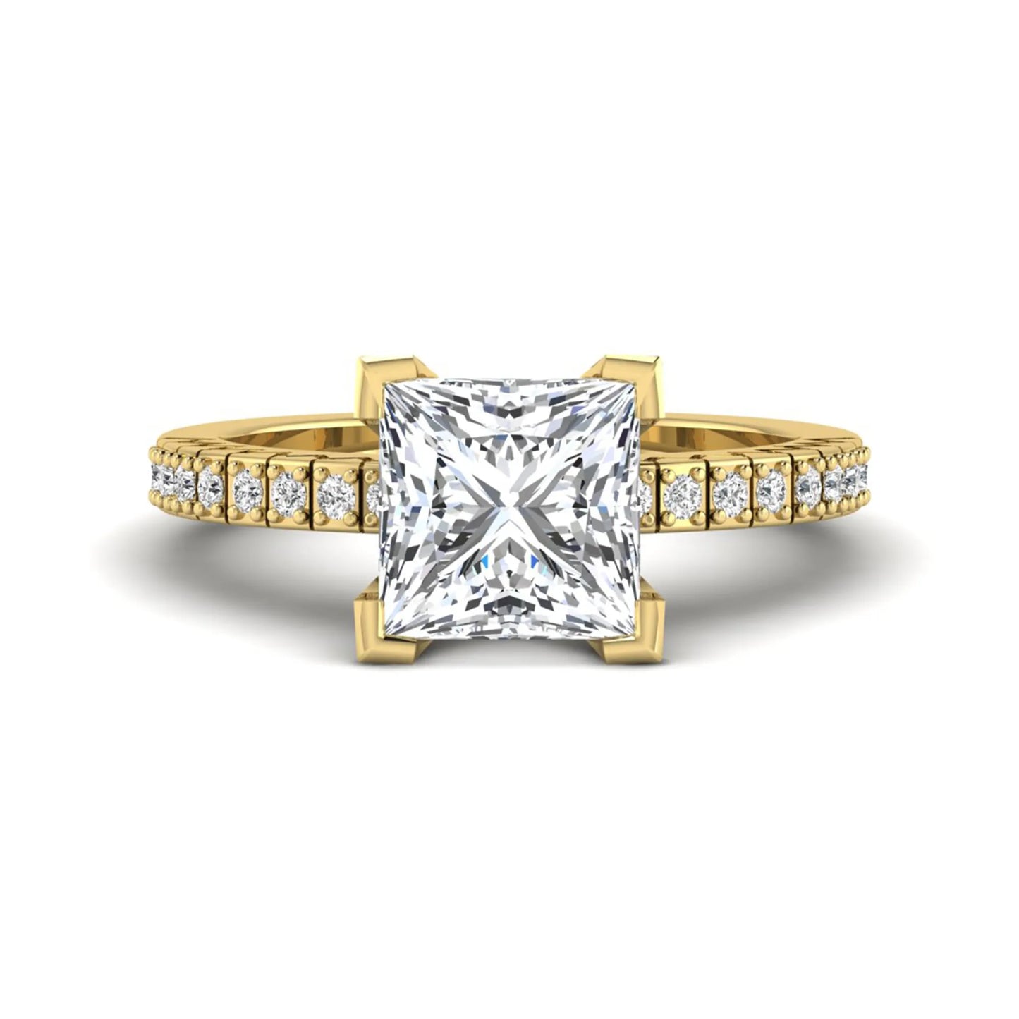Princess cut lab grown diamond engagement ring featuring a four-prong setting with round accent diamonds on a geometric yellow gold style band.